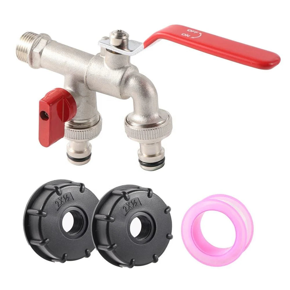 1/2 Inch S60x6 IBC Tank Adapter Double Outlet Ball Valve With Garden Hose Quick Connector Water Tank Replacement Fittings MegaBDM