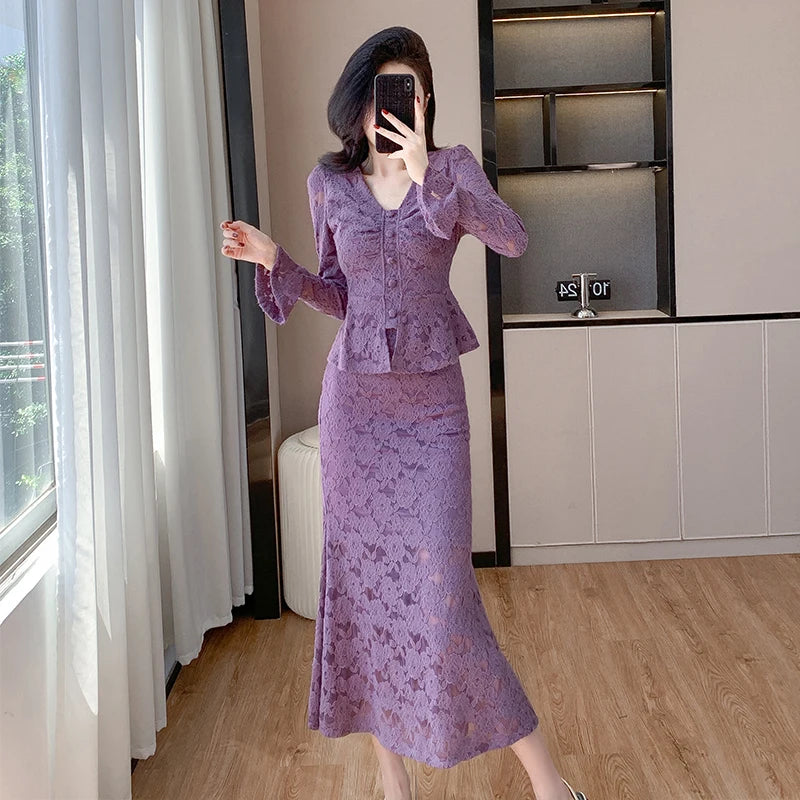 Casual 2 Piece Set for Women V-Neck Flare Sleeve Top And Skirts Set Ropa Wholesale