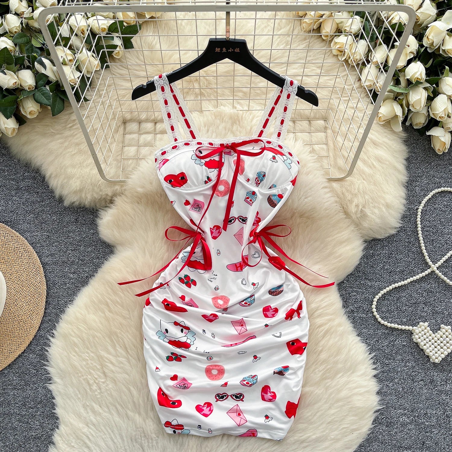 Summer Y2K Tunic Bandage Hip Midi Dress For Women Empire Printed Hollow Out Lace Dress