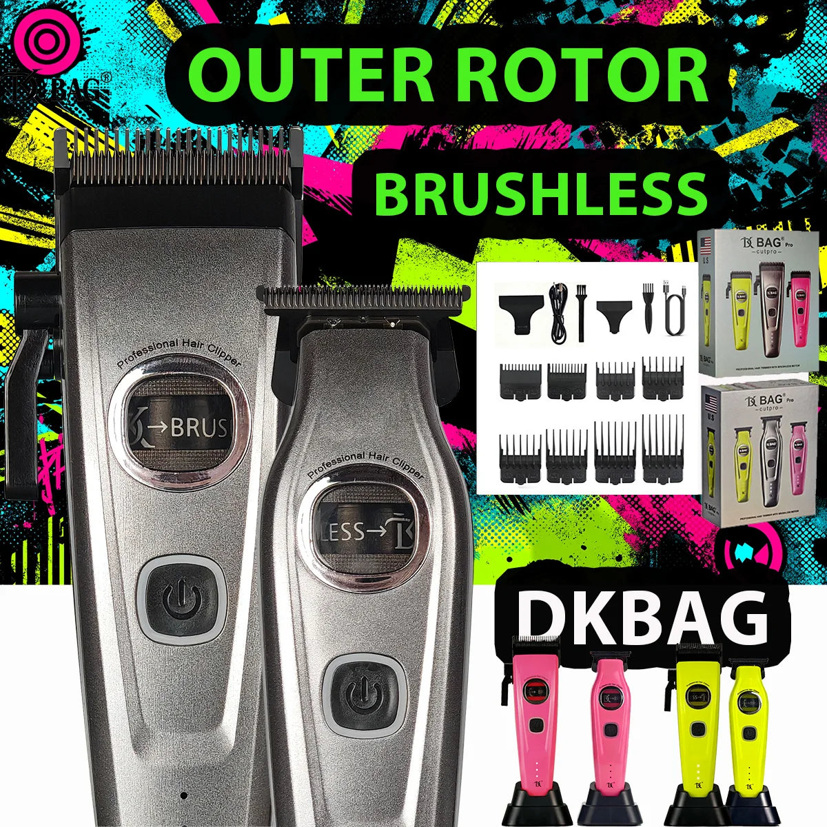 DKBAG Outer Rotor Brushless Motor Professional Men's Fade Clipper Set Barber DLC Blade Base Charger Hair Trimmer