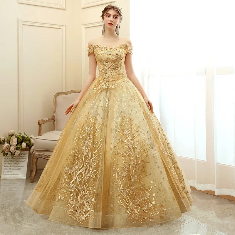 Luxury Gold Quinceanera Ball Gown Off Shoulder Lace Applique Beaded Corset Princess Prom Evening Dress MegaBDM
