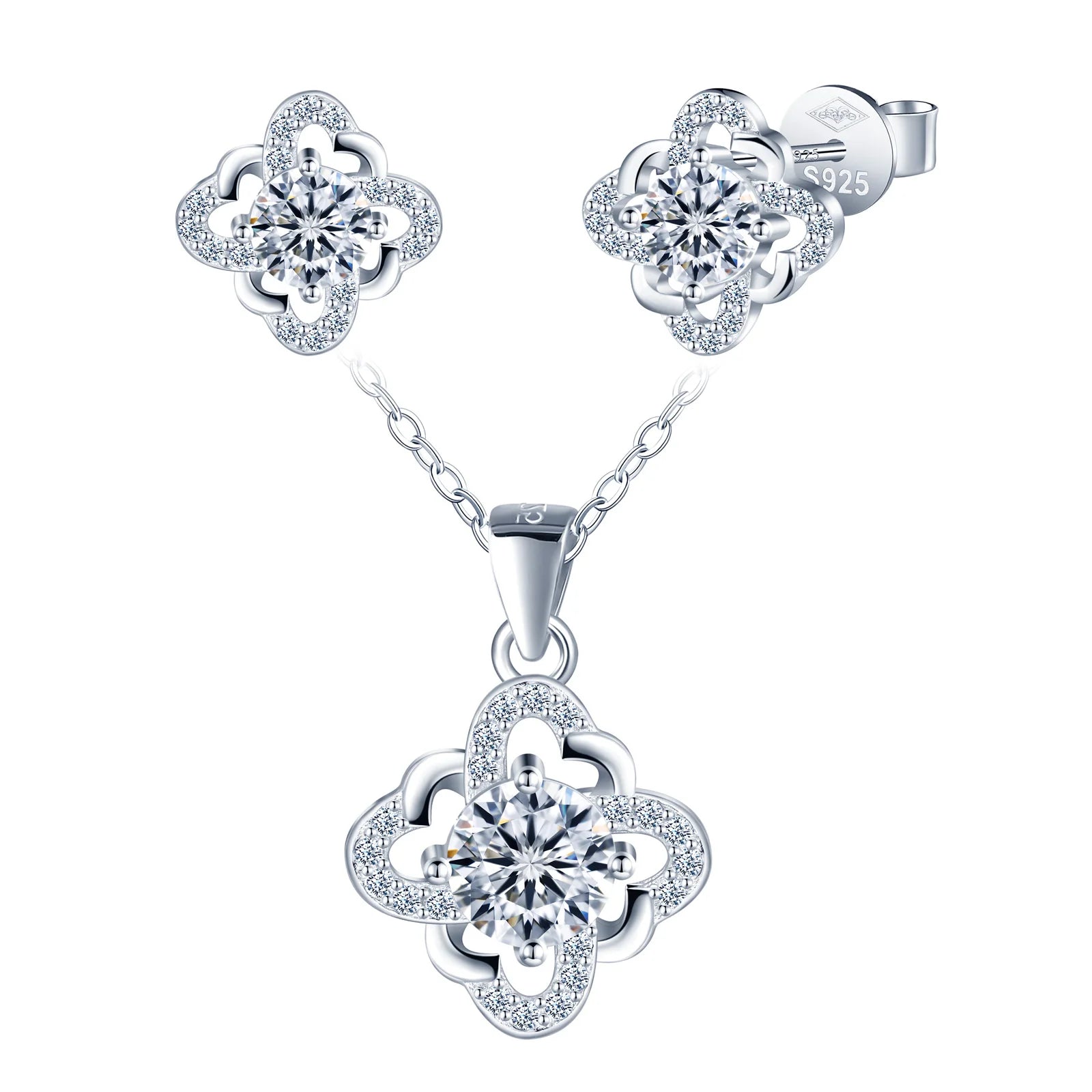 Square Flower Moissanite Necklace VVS 925 Sterling Silver Diamond Earrings With GRA Certificate