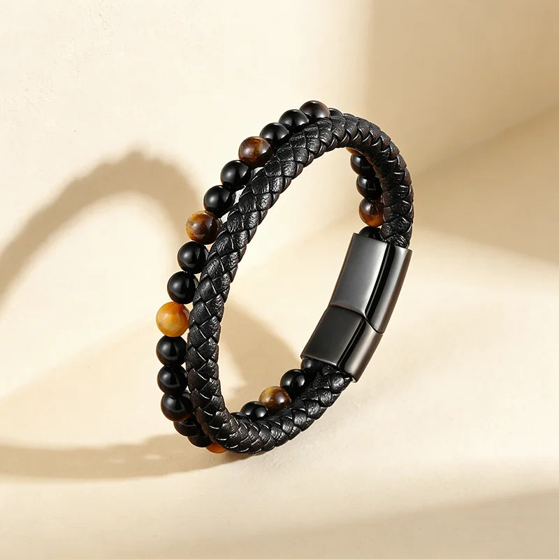 QIKU Punk Style Stainless Steel & Leather Beaded Bracelet for Men-Three Colors DIY Size New Year's & Holiday Gift