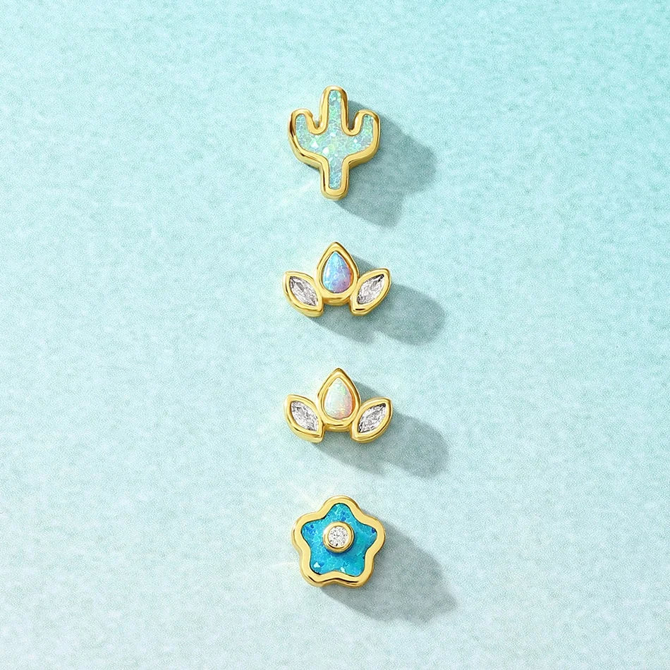 Nagosa Fashion Jewelry 18k Gold Plated Vermeil 925 Sterling Silver Minimalist Opal Cactus Flower Mini Stud Women Earrings