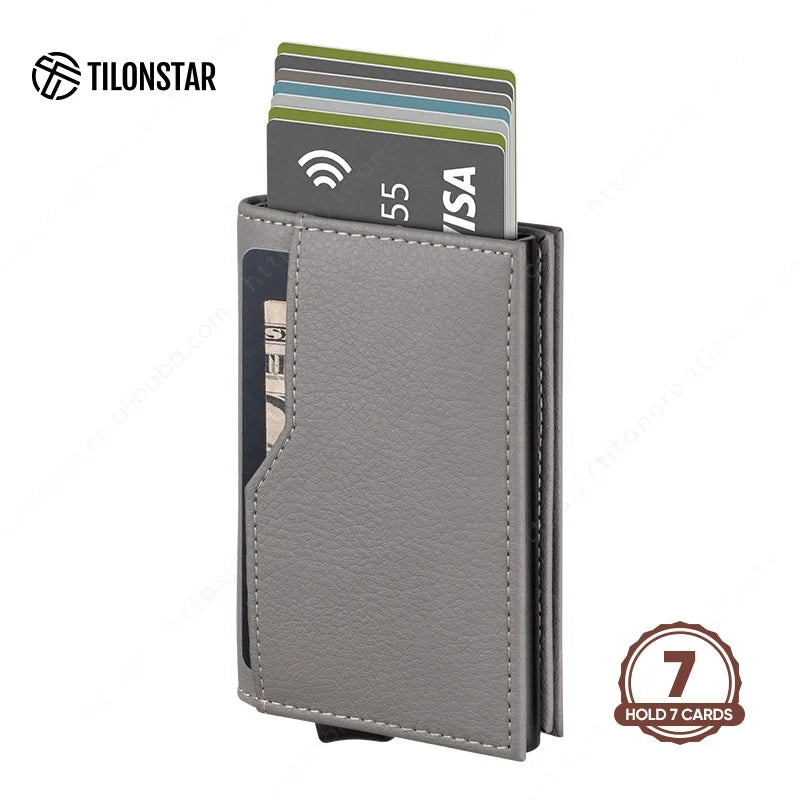 TILONSTAR TVC205 Pop up Card Holder Sliding Business Card Holders Leather Aluminum Bank Card Case