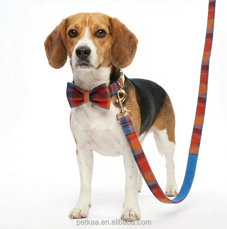Petkaa Blue and Red Plaid Popular Pattern Dog Collar and Leash with Bow Tie Pet Accessory Custom Logo for Retail and Brands