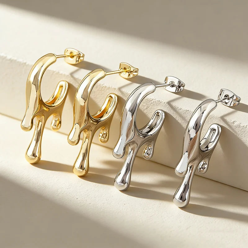 QIKU Unique Korean Style 18K Gold Plated Earrings Irregular Liquid-like Geometric Hoop Earrings for Women Jewelry