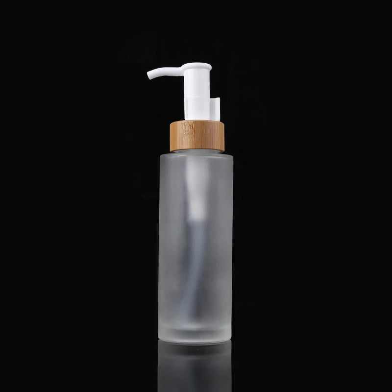 Eco-friendly Cosmetic Container 750ml Glass Liquor Bottles Frosted Glass  Bottle Bamboo Top Press Pump Bottle Shampoo Skin Care