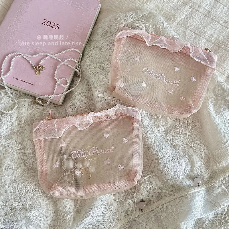 Korean Ins Style Girl Mesh Heart Embroidery Transparent Cosmetic Bag Cute Tissue Pouch Makeup Touch up Storage Portable MegaBDM