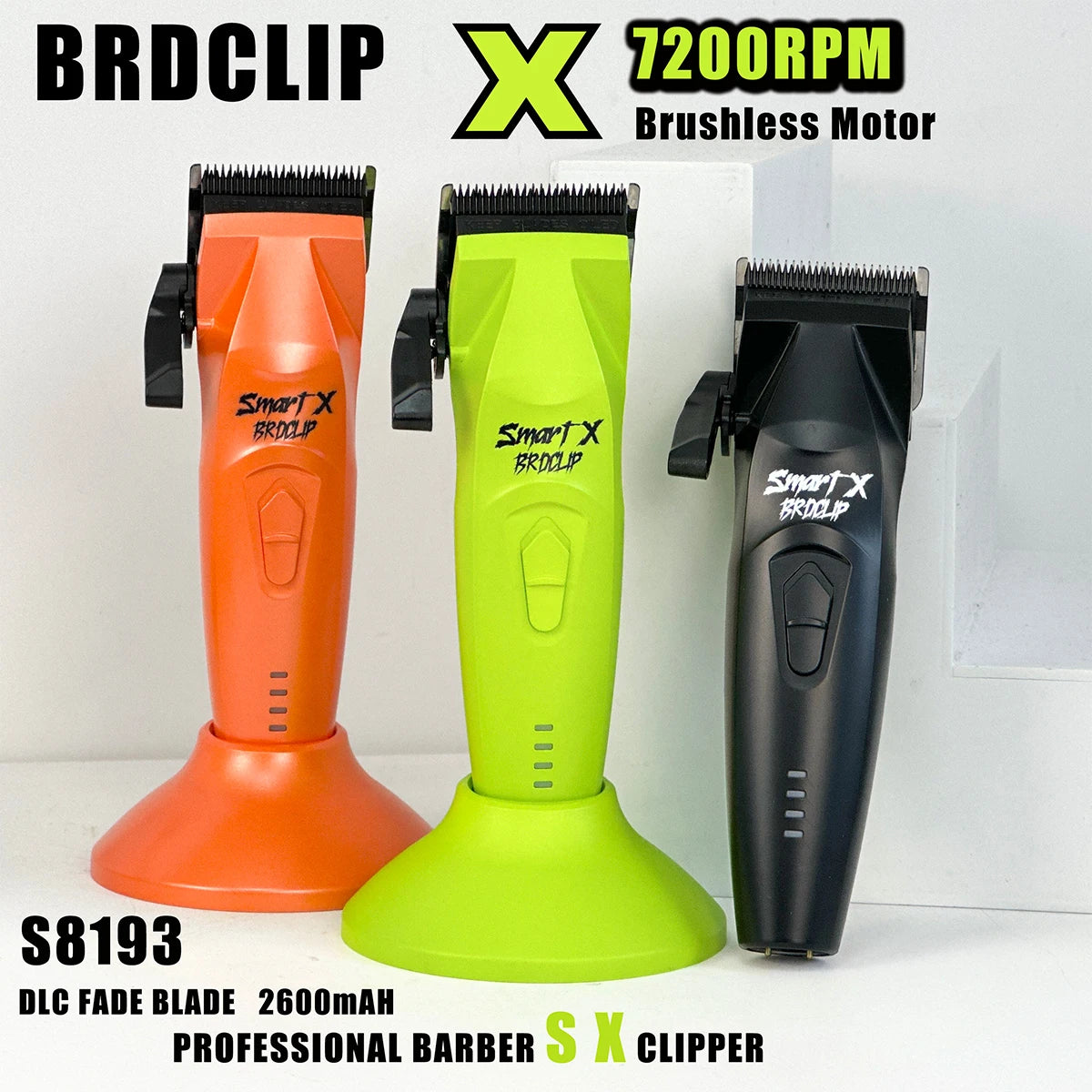 BRDCLIP X 7200RPM Brushless Motor Professional Hair Clipper DLC FADE Blade Charging Base Barber Electric Trimmer S8193
