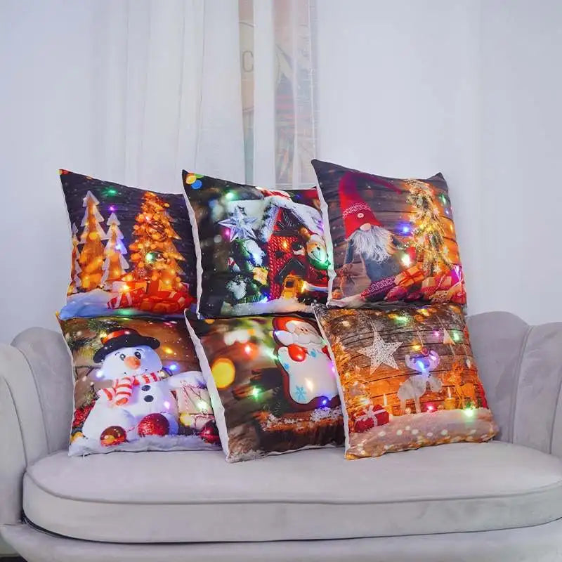Christmas Pillow Covers With Led Lights Cartoon Printed Throw Pillow Covers Farmhouse Decor Xmas Cushion Cases