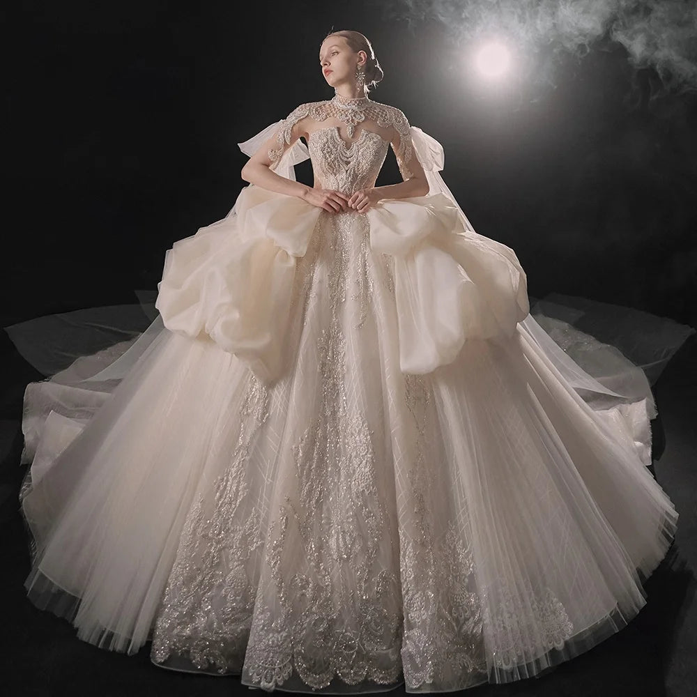 Jancember LSMX064 Royal Puffy Illusion Bridal Wedding Gowns Dresses for Women