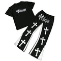 Gothic Cross Print T-Shirt Black Flared Jogger Set for Men Religious Graphic 2Pcs Outfit Contrast Panels Street Style Plus Size