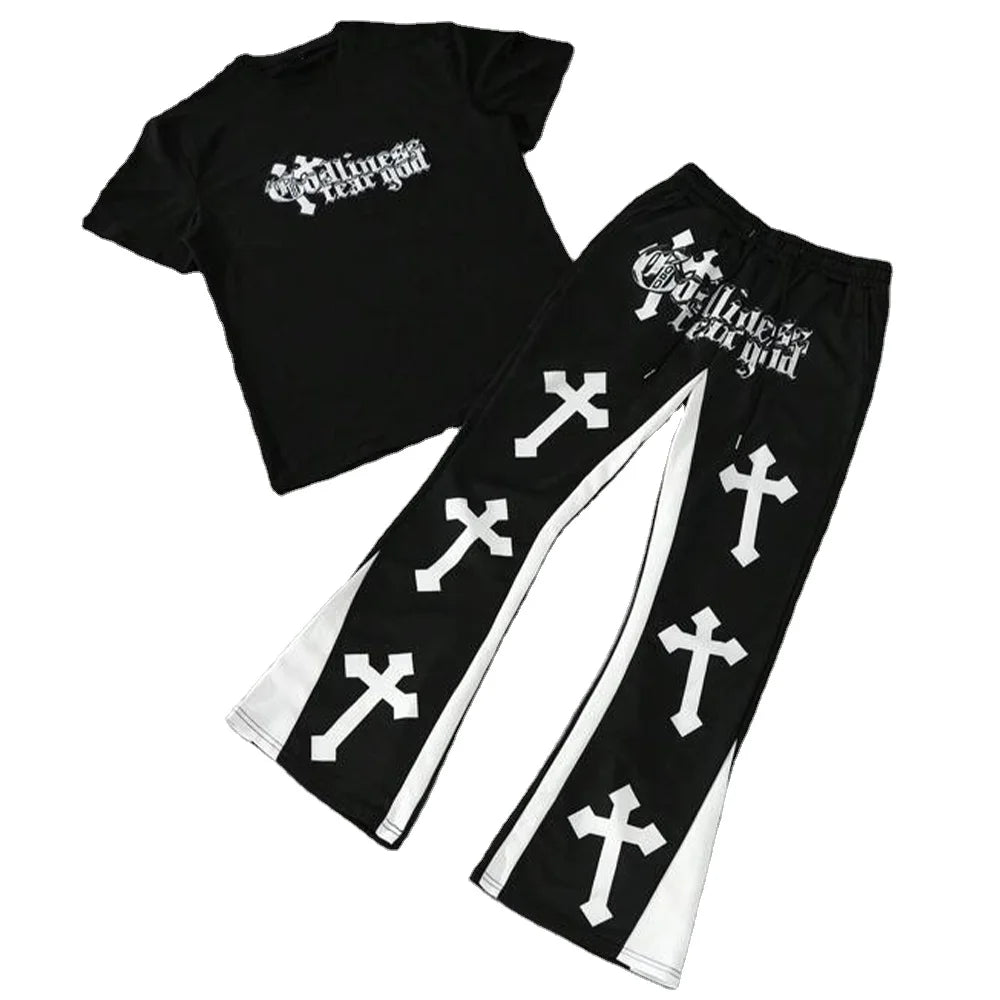 Gothic Cross Print T-Shirt Black Flared Jogger Set for Men Religious Graphic 2Pcs Outfit Contrast Panels Street Style Plus Size