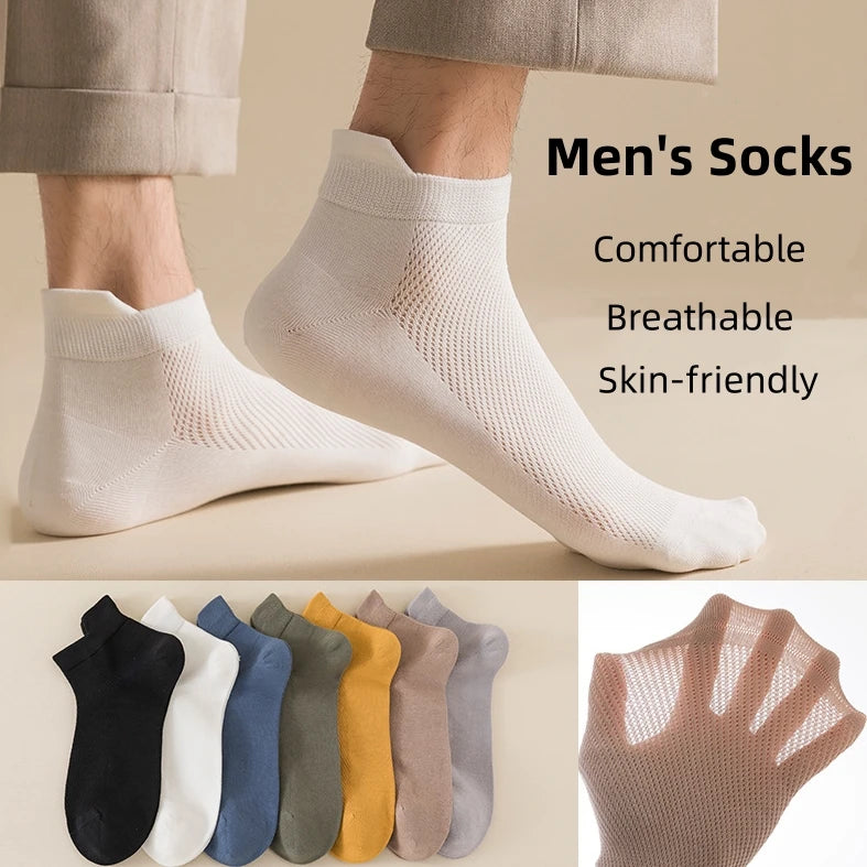 Men Summer Cotton Breathable Mesh Shallow Moth Lifting Ear Solid Color Low Cut Short Socks MegaBDM
