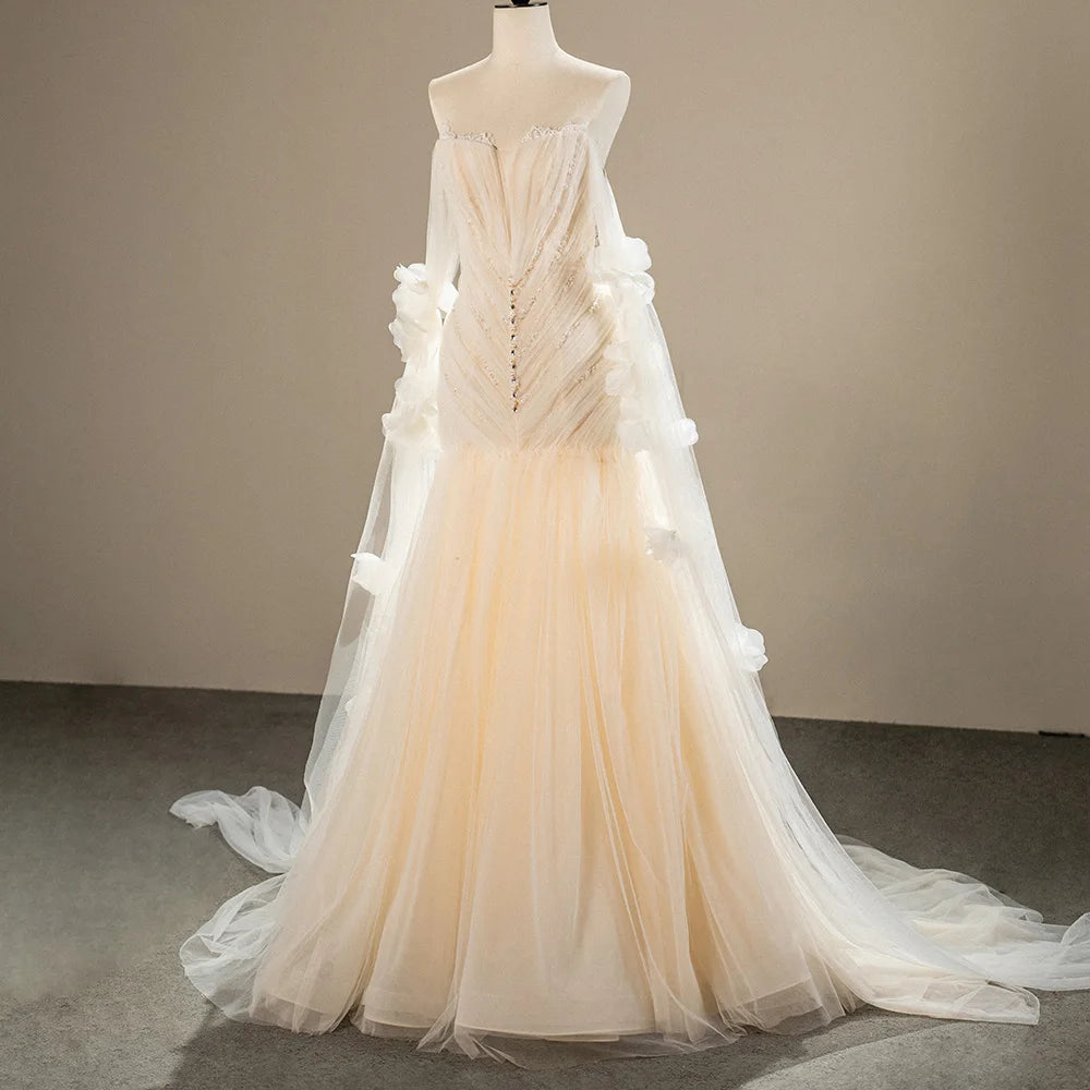 Jancember SFY199 Fairy Boat Neck Champagne Mermaid Wedding Dress With Cape Sleeve
