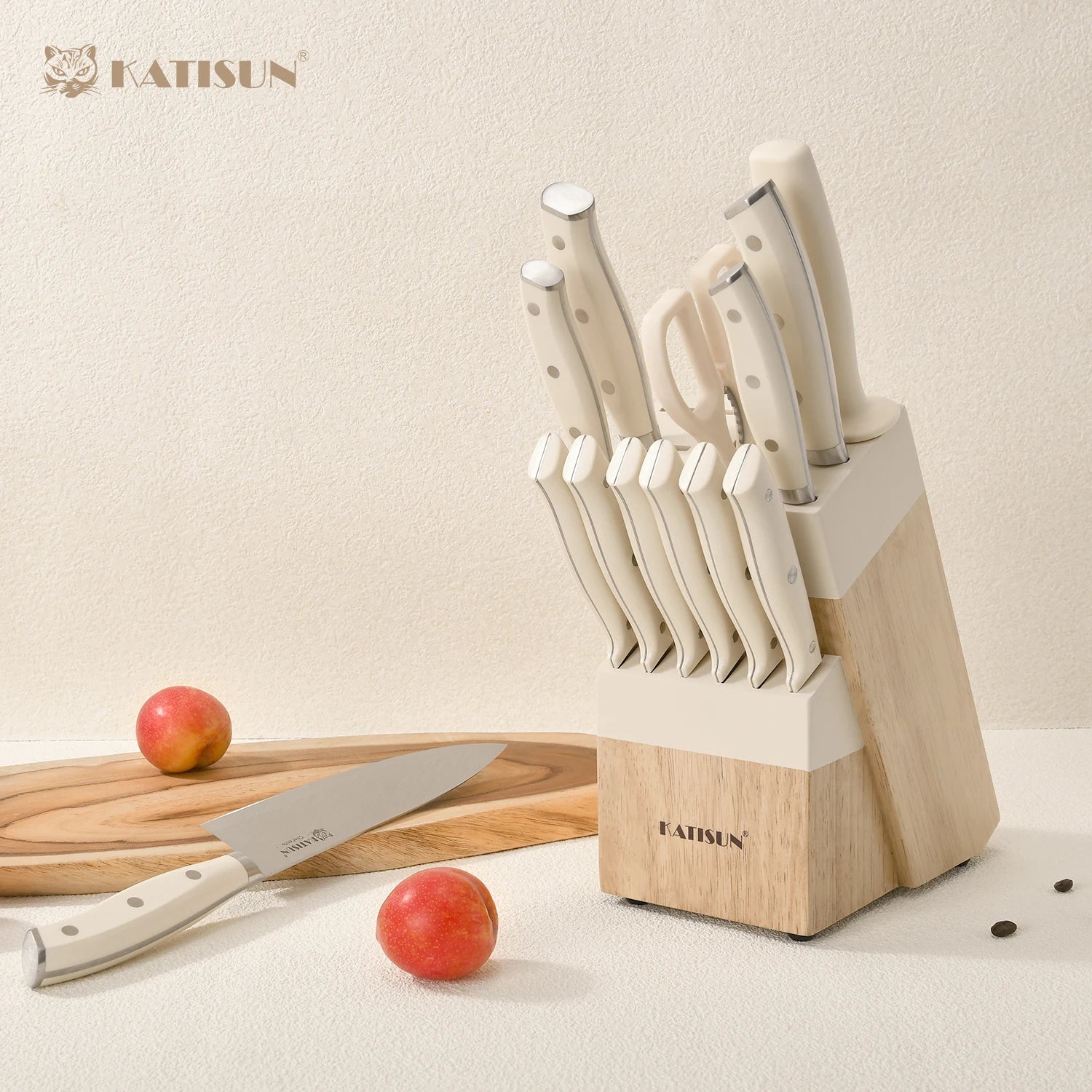 14PCS Chef Steak Santoku Fruit Knives Set Sharp Chef Knife Sets With Natural Wood Knife Holder Shears