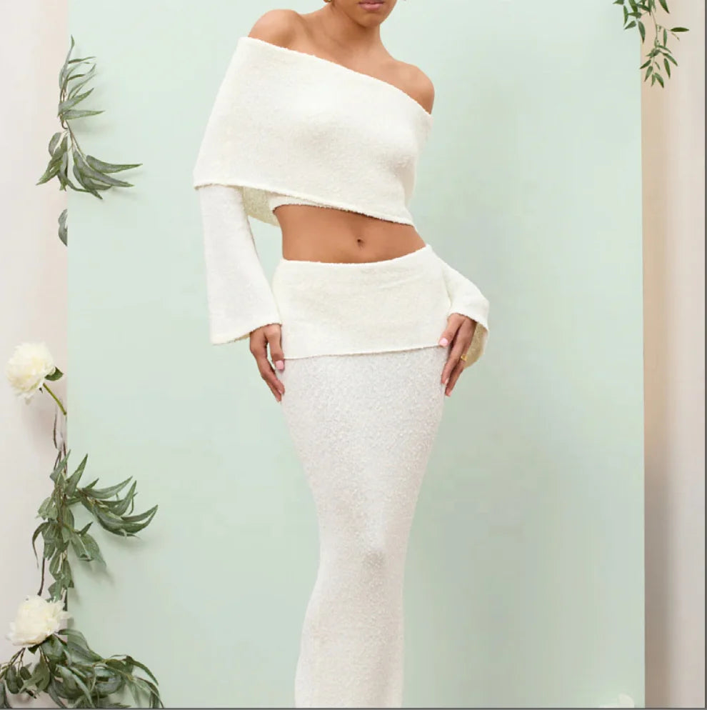 A Two-piece Set of One-shoulder Long-sleeved Top and Half Skirt for Cross-border Fashion Women From Europe and America