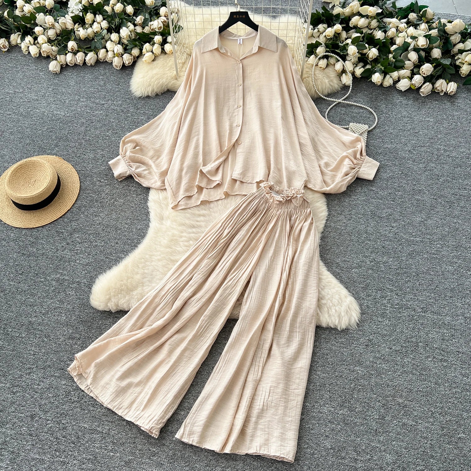 Women's Basics Loose Sets Lantern Sleeve Top And High Waist Slim Set American Clothing Wholesale
