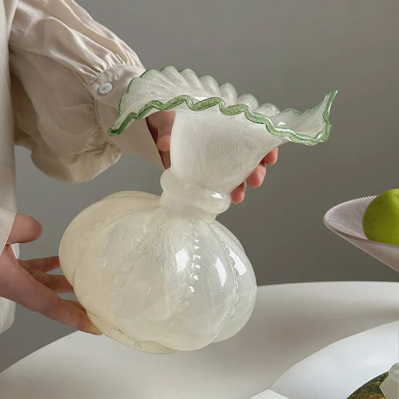 Handmade Opal Glass Vase with Ruffled Edge Elegant Decorative Flower Vase for Home Table Centerpiece MegaBDM