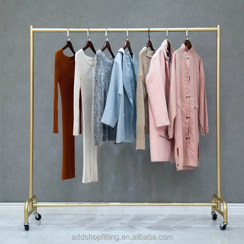 Gold Movable Wheel Rail Stand Clothes Display Rack
