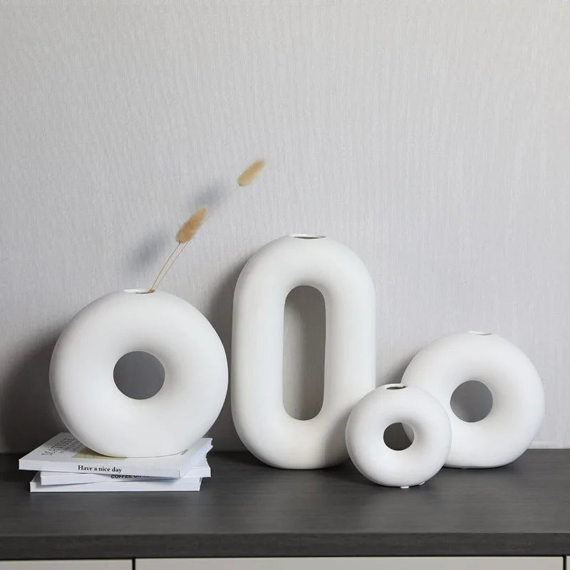 Modern Hollow Ceramic Vase Set Minimalist Oval & Donut Shape Decorative Flower Vase for Home Decor