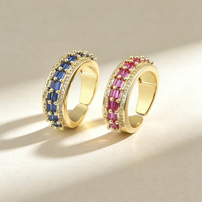 QIKU Fashion Rectangle 5 Colors Rhinestone Opening Adjustable Rings Copper Cubic Zircon Finger Jewelry Women Girl Gift Wholesale