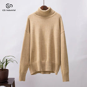Custom Women's Turtleneck Woolen Pullover Casual Warm Long Sleeve Sweater Front Logo Autumn Multi-Color Optional Base Sweater