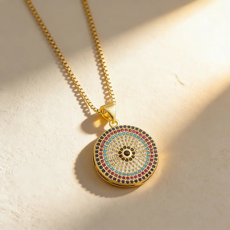 QIKU Bohemian Round Colorful Zircon Pendant Women Necklace Copper Unisex Jewelry Accessories Gift Wholesale Price Dropshipping