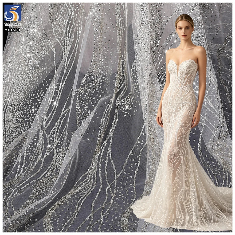 YX1583 Silver Wave Pattern 100% Polyester Glitter Tulle Fabric Shiny Mesh for Wedding Dress Couture and Party Gowns MegaBDM