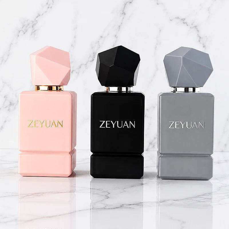 [colour+logo Avillable]50ml Custom Square Empty Glass Perfume Bottle with Geometric Cap Modern Luxury Fragrance Bottle Pink MegaBDM