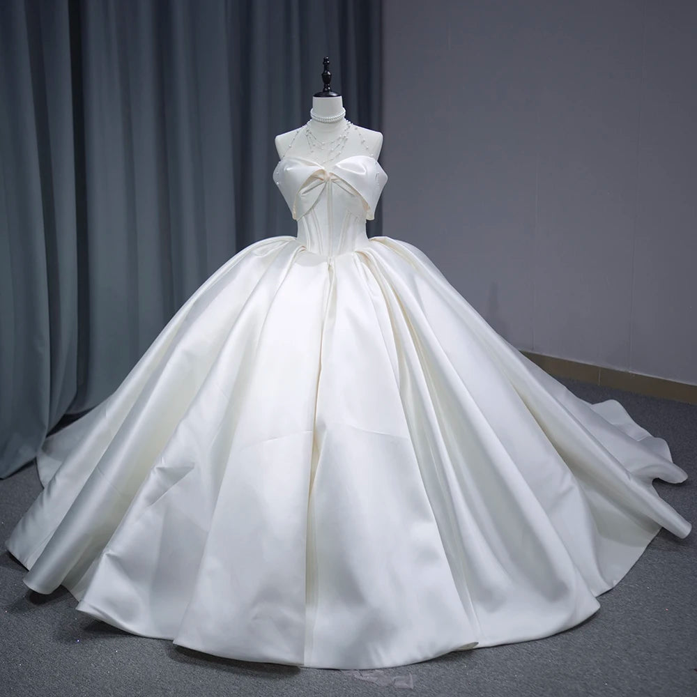 Jancember 1286 Elegant Ivory Off Shoulder Satin Bow Ball Gown Wedding Dresses