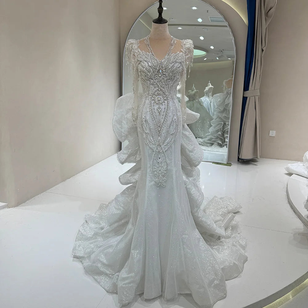 Jancember DW0057 Vintage Bling Long Sleeve Tassel Mermaid Wedding Dresses With Train