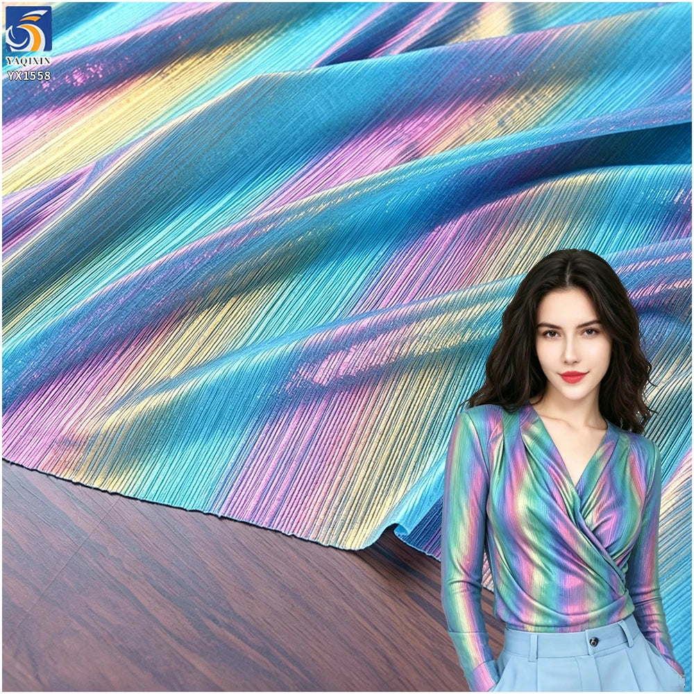 YX1558 Iridescent Holographic Foil Rib Knit Stretch Fabric Glossy 95% Polyester 5% Spandex for Women's Dresses and Tops MegaBDM