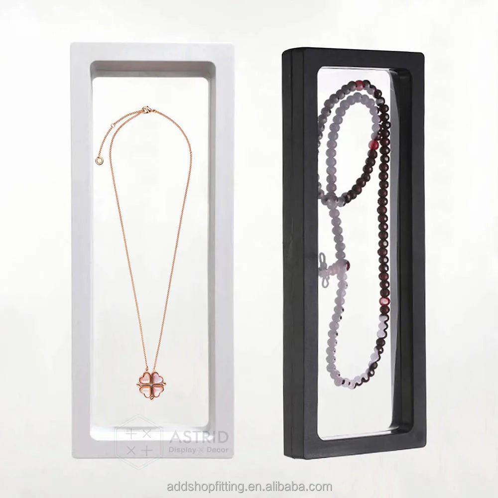 Custom Logo Eco-Friendly PE Film Transparent Floating Frame Bangle Earring Ring Necklace Jewelry Display Case for Retail Use