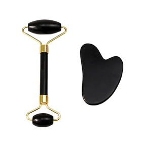 2026 Trending Products Natural Black Bianstone Face Massage Roller Guasha Scraper Black Jade Roller Guasha Set
