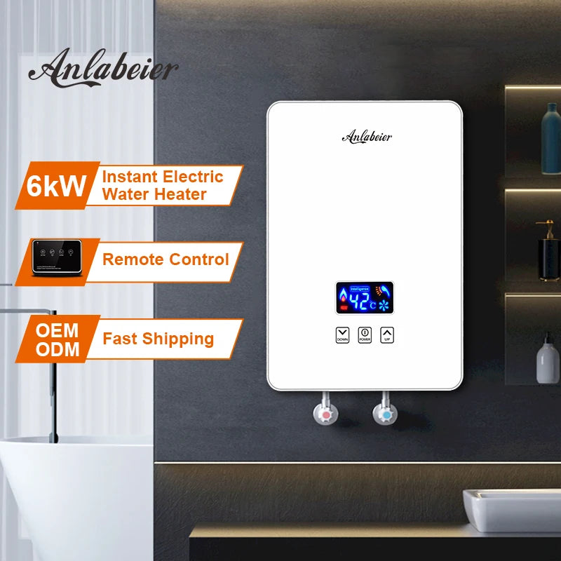 Tempered Glass Panel 220-240v 6000w Endless Hot Water 3-6L/M Instantaneous Electric Shower Head Tankless Water Heater
