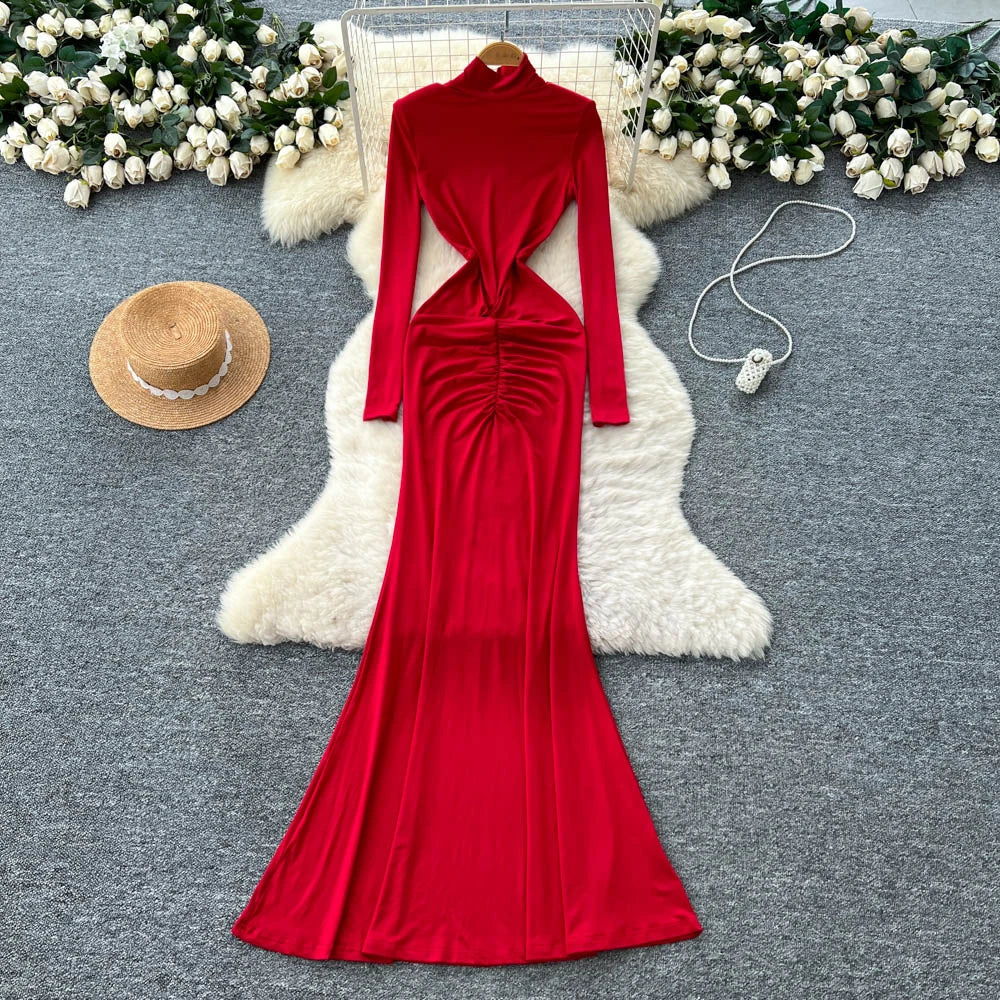 2025 Summer Turtleneck Tunic Slim Hip Maxi Dress for Women Empire Lace Dress