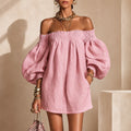 Elegant Pink Strapless Womens Empire Waist Mini Dress Puff Sleeve Loose Fit Casual Daily Breathable Summer Fashion Wholesale MegaBDM