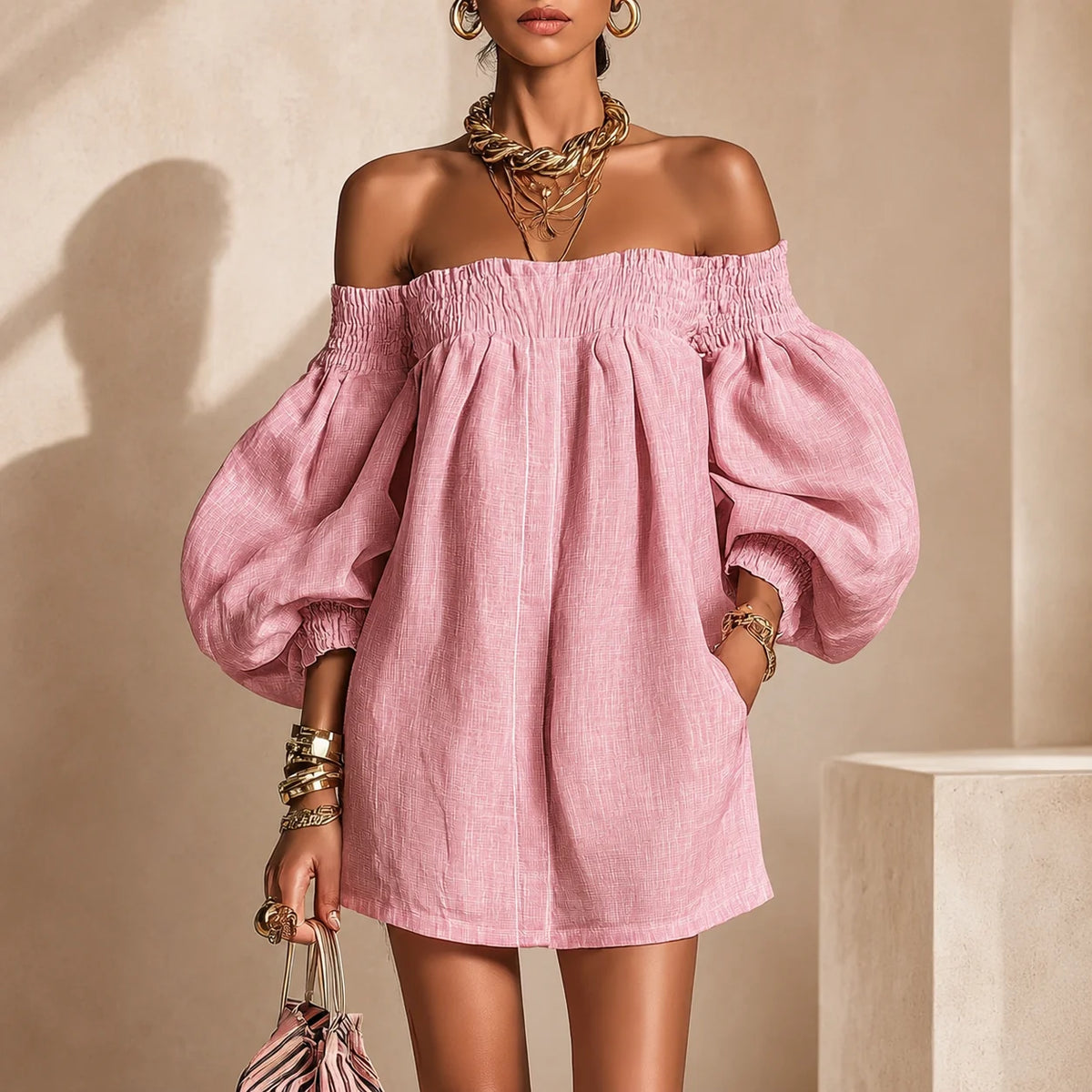 Elegant Pink Strapless Womens Empire Waist Mini Dress Puff Sleeve Loose Fit Casual Daily Breathable Summer Fashion Wholesale MegaBDM
