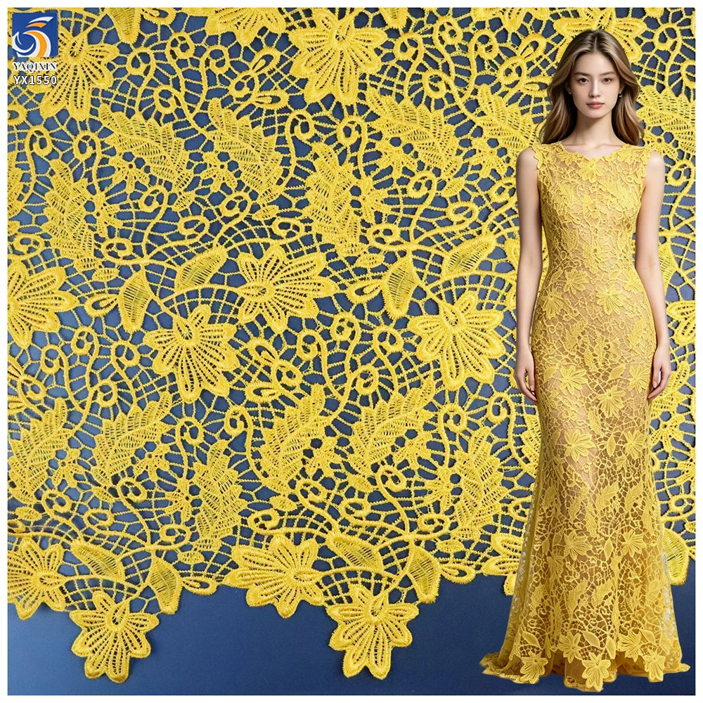 YX1550 Yellow Large Flower Embroidery Lace Fabric 150GSM Openwork Material for Evening Dresses and Gowns MegaBDM