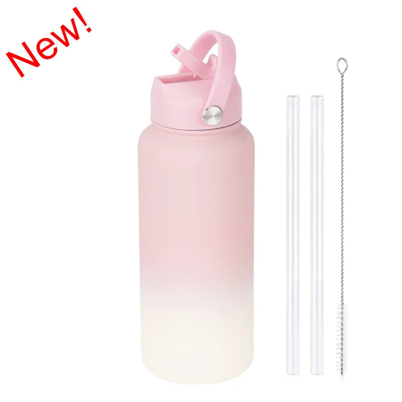 Wholesale Bulk 32oz 304 Stainless Steel Vacuum Insulated Water Bottle Plastic Straw Brush Powder Coated for Gym Outdoor Travel MegaBDM