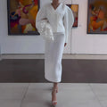 Luxury White Womens Two Piece Skirt Suit 3D Floral Applique Puff Sleeve Jacket High Waist Midi Pencil Skirt Formal Outfit MegaBDM