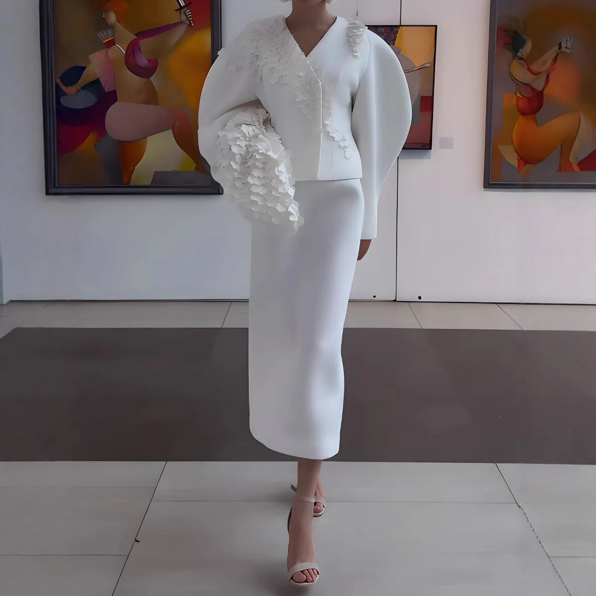 Luxury White Womens Two Piece Skirt Suit 3D Floral Applique Puff Sleeve Jacket High Waist Midi Pencil Skirt Formal Outfit MegaBDM