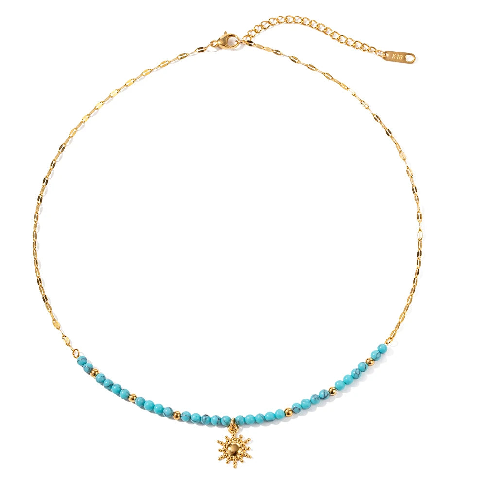 Ins Popular Bohemian 18K Gold Plated Turquoise Oval Chain Gemstone Beaded Sun Pendant Chain Necklace for Girls
