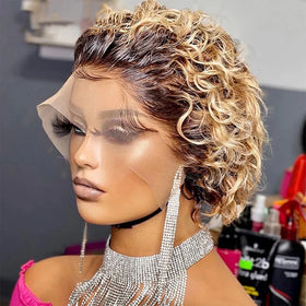 Short Curly Pixie Cut Lace Front Wigs Human Hair 13x1 Brown Ombre Black Glueless Wig Pre Plucked Pre Cut HD Lace Frontal