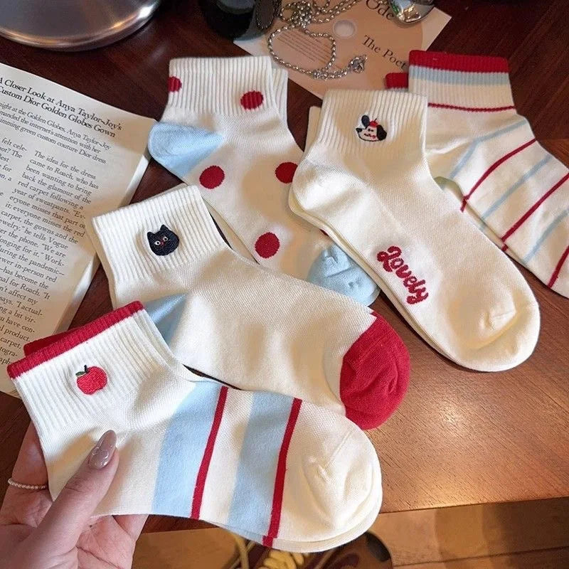 Wholesale Women Colorful Cute Polka Dot Striped Cotton Socks Summer Thin Animal Fruit Embroidery Short Socks MegaBDM