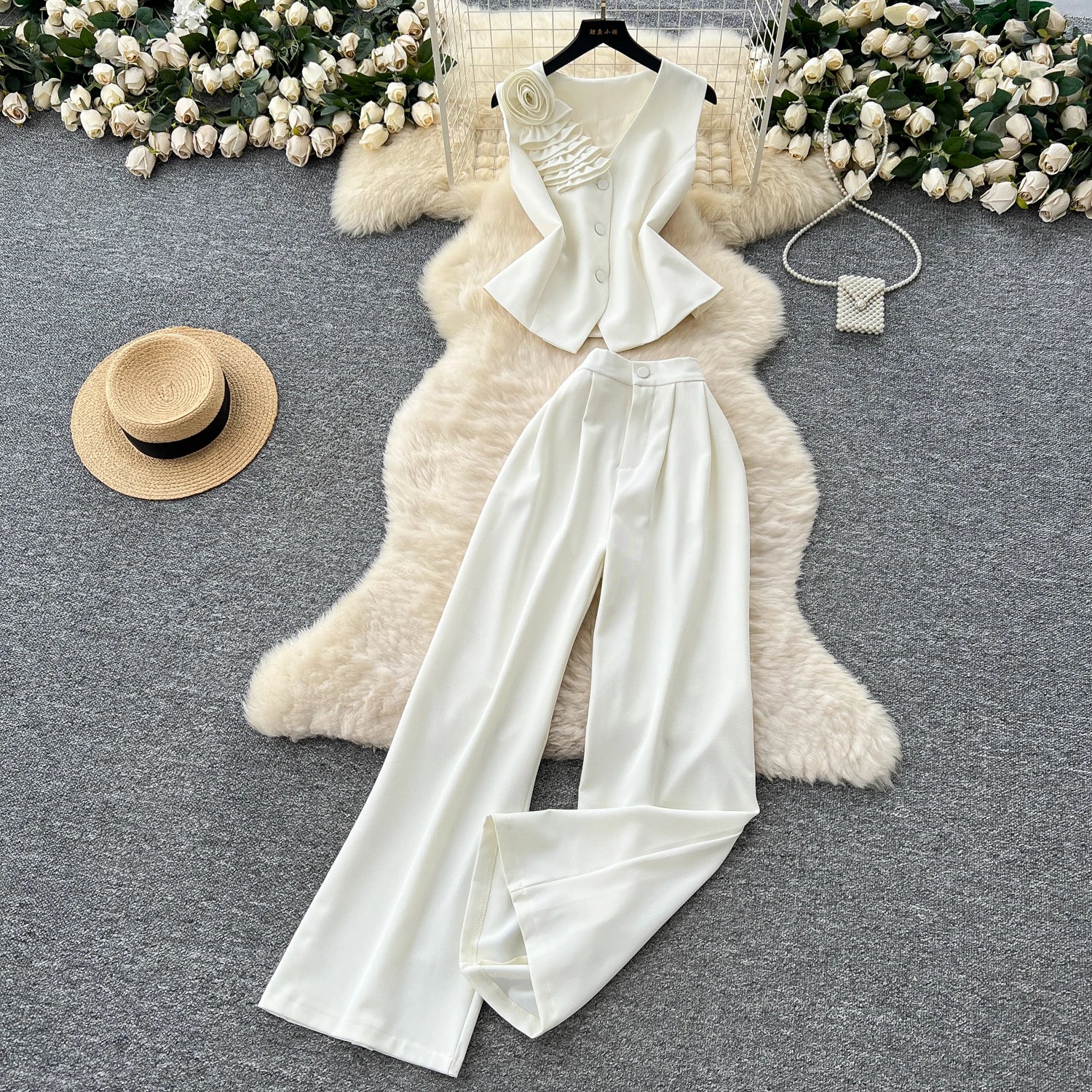 Summer Women's Elegant Sets V-Neck Sleeveless Top And High Waist 3D Set Ropa Wholesale
