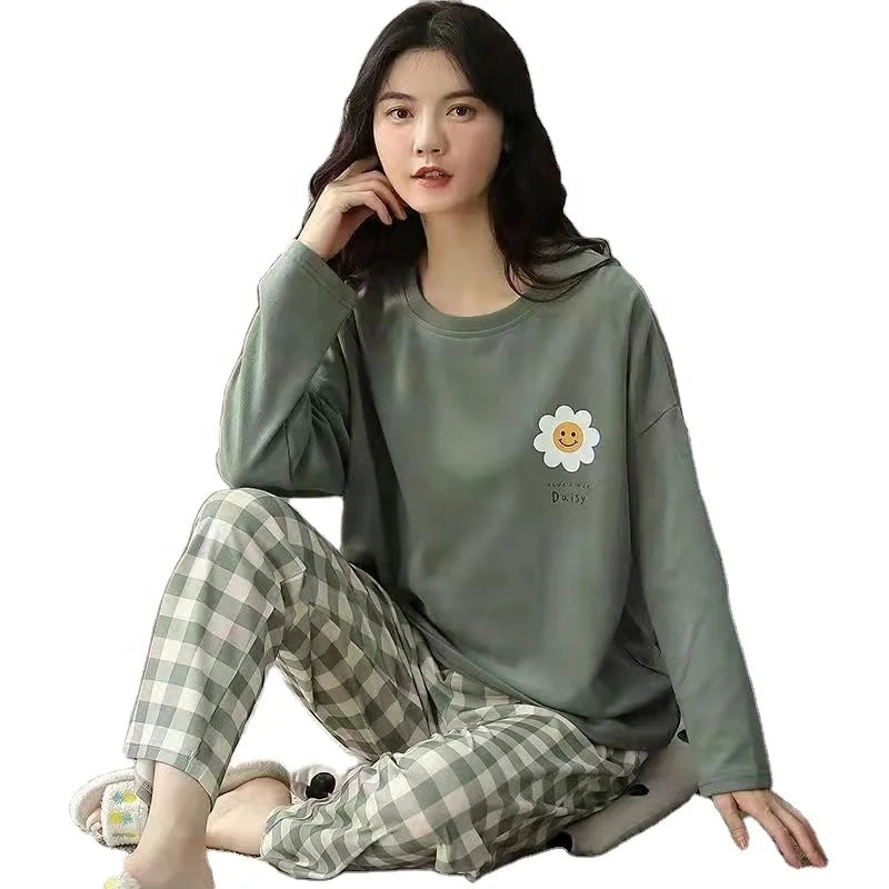 Women's Casual Cotton Knitted Pajamas Set Elegant Classic Fashion Sleep Wear Floral Printed 100% Cotton Silk Spring Autumn