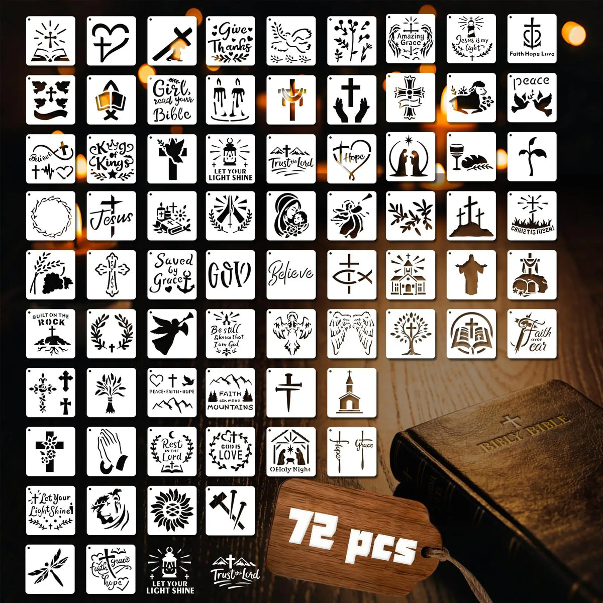 Christian Faith Painting Stencil Set 72 Pcs 3x3 Inch Reusable Cross Bible Angel Jesus Templates for Wood DIY Crafts MegaBDM
